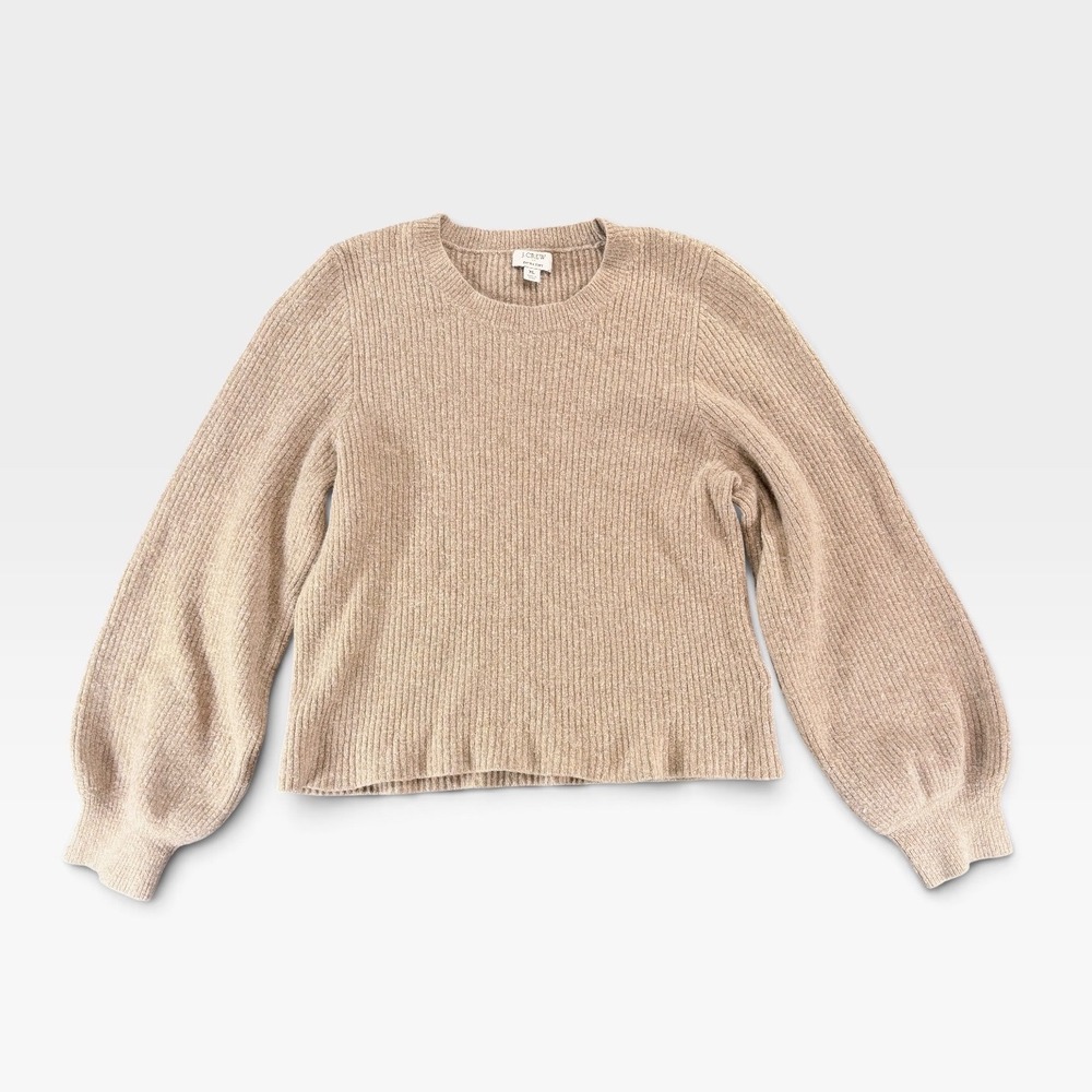 J.Crew Extra-Soft Ribbed Puff Balloon Sleeve Sweater Tan Beige XL Wool Blend